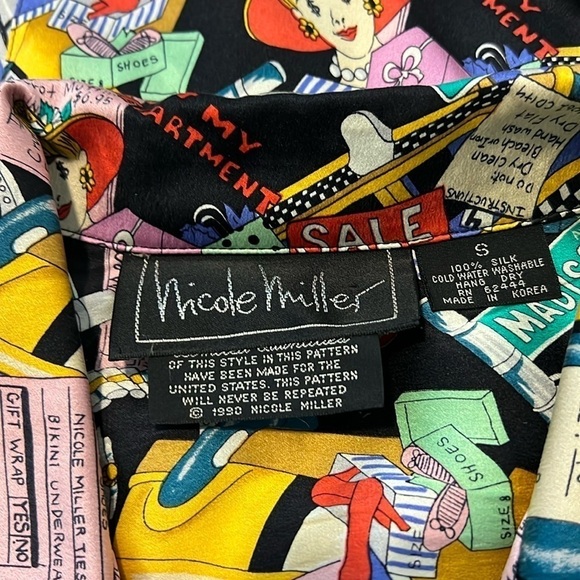 Vintage Nicole Miller 1990 Limited Shopaholic Print Silk Button Down NYC Shirt - Picture 12 of 17